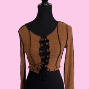 Tan Long Sleeve Lace-Up Top